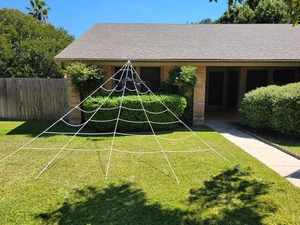 Large outdoor white triangular spider web with realistic giant black spider on a lawn