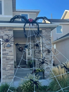 Outdoor Halloween set with a giant white spider web and multiple black plush spiders