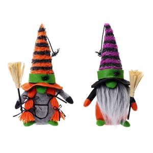Lot de gnomes d'Halloween en peluche avec chapeaux rayés, nattes, barbe grise et balais