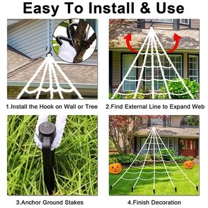 Outdoor Halloween giant spider web installation guide with hooks and ground stakes