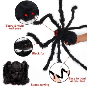 Detailed view of scary red eyes and flexible legs of a large plush Halloween spider prop
