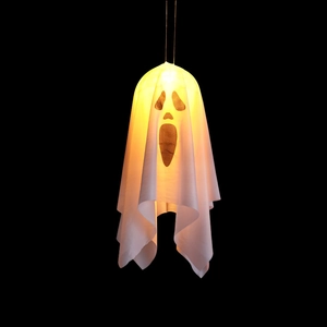 Hanging glowing ghost Halloween decoration with LED lights and white fabric drapery