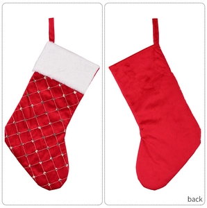 Front and back detail of a red sequin Christmas stocking with white faux fur collar