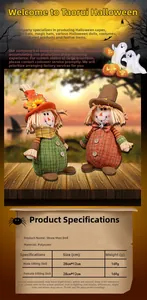 Detailed close-up of a pair of harvest scarecrow dolls made of polyester for autumn decor