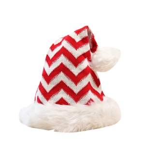 Thick red and white striped knit Santa hat with soft plush trim for Christmas decor
