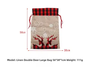 Detail view of large burlap Christmas sack featuring plaid deer print and 56x38cm dimensions