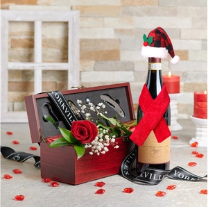 Christmas wine bottle cover set with red plaid hat and scarf for holiday table decoration