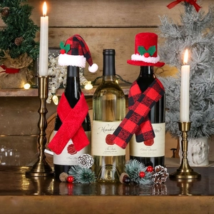 Christmas wine bottle cover set with plaid hats and scarves for festive table decor