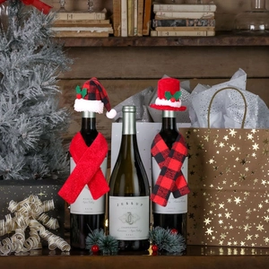 Christmas wine bottle decoration set with mini plaid hats and scarves for festive dining