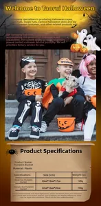 Detailed size specifications for pumpkin candy buckets with moon and triangle eye designs