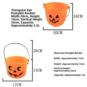 Size comparison chart for Halloween pumpkin buckets with dimensions and capacity details