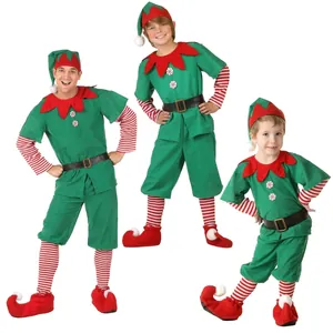 Weihnachtselfen Kostüm Set für Familien mit grünem Oberteil und gestreiften Socken