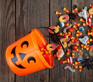 Halloween pumpkin bucket with assorted candies, spooky toy spiders and eye props on wood