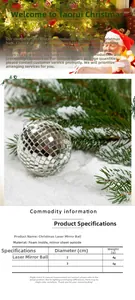 Size chart showing 2cm and 3cm silver disco mirror balls with foam core and mirror patches