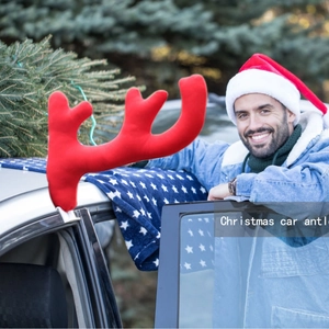 Festive red plush reindeer antlers set for car windows decoration with plastic clips