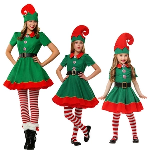 Weihnachtselfen-Kostümset für Familien in Grün und Rot mit Mützen und Streifensocken