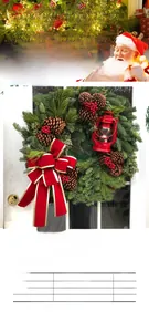 Detail of red Christmas ribbon bow with gold edges on a festive pine wreath decor