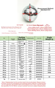 Size chart table for silver mirror disco balls from 2cm to 100cm with weight details