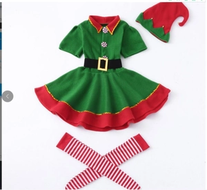 Dreiteiliges Weihnachts-Elfenkostüm-Set mit grünem Kleid, Hut und gestreifter Strumpfhose