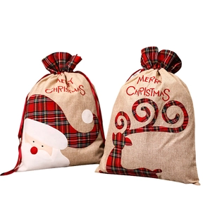 Large linen Christmas gift bag with Santa Claus embroidery and red plaid drawstring closure