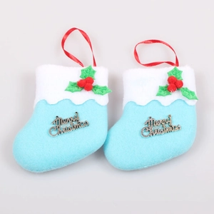Set of two light blue Christmas stocking ornaments with silver Merry Christmas plaques