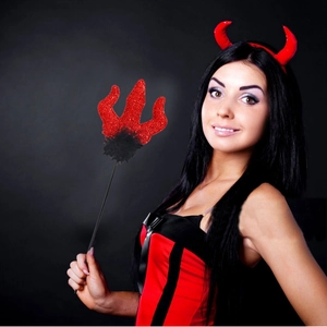 Halloween Red Devil Costume Set Glitter Horn Headband Trident Staff For Masquerade Performance Party Cosplay Dress Up Props