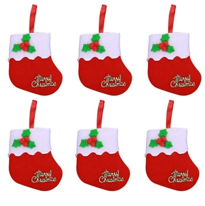 Set of 6 red Christmas stockings with gold Merry Christmas print and holly leaf decor