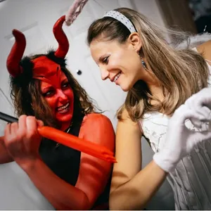 Halloween red devil horns headband and trident accessory set for festive cosplay parties