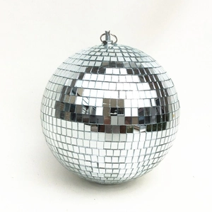 Silver disco mirror ball with square glass facets and hanging ring for party decor