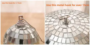 Detail of disco mirror ball hooks for 3-15cm sizes and metal bolts for 15cm+ sizes