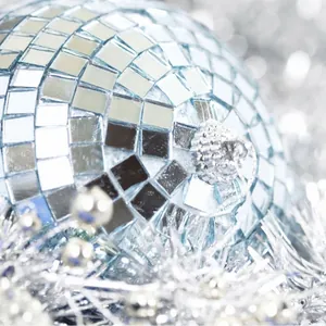 Silver mirror disco ball ornament with reflective glass tiles for party and holiday decor