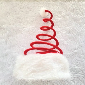 Creative spiral spring Christmas hat with plush white brim and red fluffy pompom detail