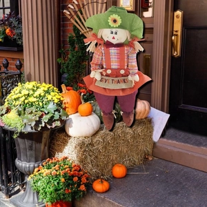 Harvest festival scarecrow doll holding a Give Thanks sign among autumn pumpkins and hay
