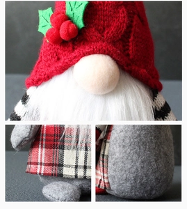 Macro details of Christmas gnome featuring red knit hat and white faux fur beard textures