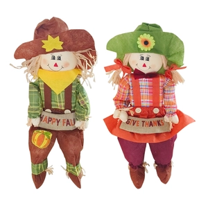 Autumn scarecrow dolls with Happy Fall and Give Thanks signs for harvest decoration