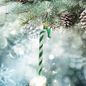 Green and silver glitter candy cane hanging ornament on snowy Christmas tree branch