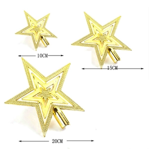 Detailed size comparison of 10cm, 15cm, and 20cm gold glitter star Christmas tree toppers