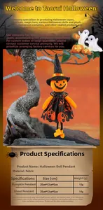 Detail view of Halloween pumpkin doll pendant with a black wizard hat and orange dress