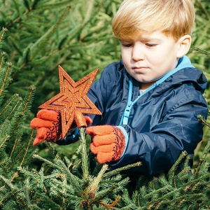 Detail of hand placing an orange glitter 3D star tree topper on a Christmas tree branch
