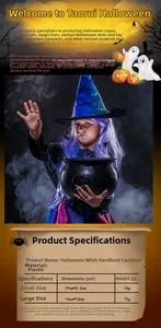 Size chart showing plastic Halloween witch candy buckets in small and large dimensions