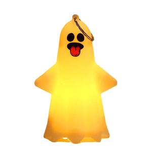 Hanging glowing Halloween ghost pendant with warm yellow light and cute facial expression