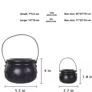 Size comparison chart for large and small black matte Halloween witch cauldron candy buckets