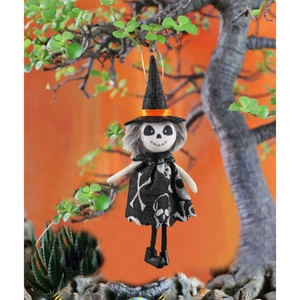 Halloween skeletal witch doll hanging ornament with black wizard hat and bone pattern dress