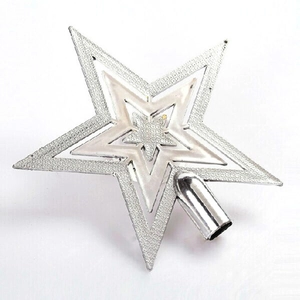 Silver three-layered star tree topper with glittery edges and a metallic mirror center