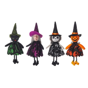 Set of four Halloween hanging dolls featuring pumpkin, witch, ghost, and cat figures