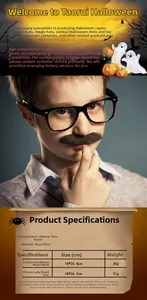 Detail view of plush brown costume mustaches for parties with size and material specifications