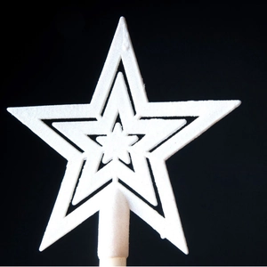Sparkling white three-layer 3D star tree topper with glitter finish on black background