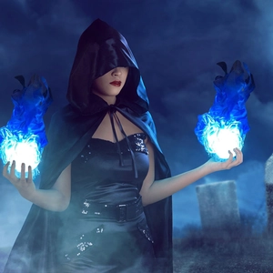 Detail of magical glowing blue floating fireball props for Halloween cosplay costumes