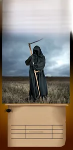 Detailed view of Halloween reaper cloak with hood and scythe accessory specifications