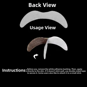 Detailed view of novelty fake mustache with adhesive backing and usage instructions